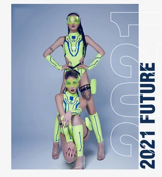 Флуоресцентный зеленый костюм танцовщицы из лакированной кожи, одежда для танцев на пилоне, костюм для выступлений в баре Gogo Dancign