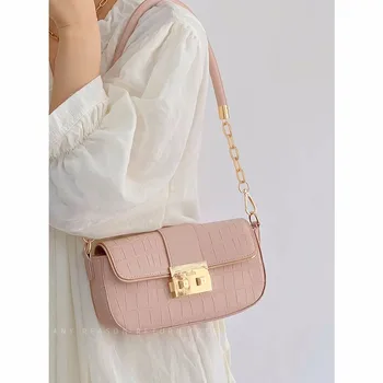 Женские сумки через плечо, маленькие сумки через плечо из искусственной кожи с клапаном аллигатора, женская сумка-мессенджер на цепочке, дизайнерские сумки подмышками, розовые