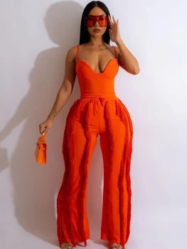 Оранжевые сексуальные женские комплекты брюк из двух частей с кисточками 2023 года, новая уличная одежда, укороченный топ без бретелек и брюки на завязках, женские