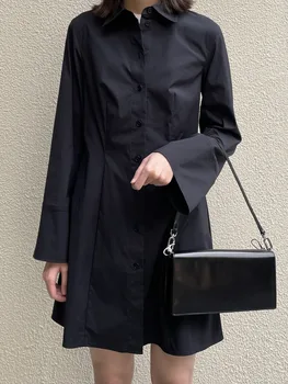 2023 Весеннее Новое Женское Классическое Черное Платье-рубашка, Однобортное Женское Облегающее Короткое Платье
