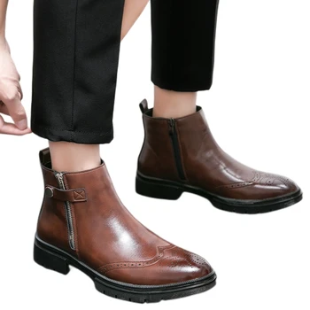 Новые коричневые мужские ботильоны на молнии, мужские ботинки в деловом стиле из искусственной кожи, бесплатная доставка, размер 38-46, Botas Masculinas
