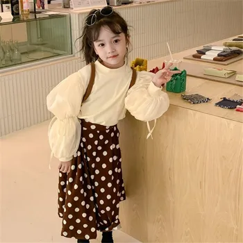 Весенне-осенняя одежда для девочек, футболка, детская футболка в западном стиле, Корейский сетчатый топ с пышными рукавами и бантом.