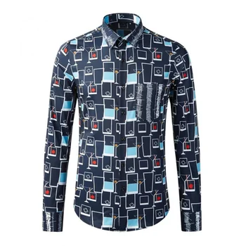 Мужские рубашки Minglu Blue, высококачественные повседневные мужские рубашки с длинным рукавом с принтом неправильной геометрии, приталенные мужские рубашки для вечеринок.