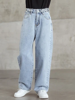 2022 Весна-осень, свободные повседневные прямые джинсовые брюки с широкими штанинами для девочек, детская одежда, Длинные джинсовые брюки с высокой талией, QQ75