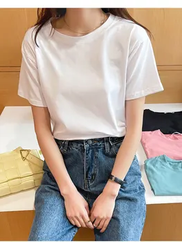 Летняя женская футболка с круглым вырезом и короткими рукавами, свободная универсальная нижняя рубашка