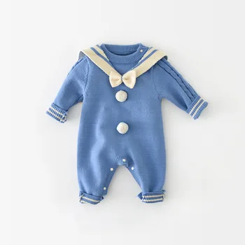 Детский свитер-комбинезон от 0 до 2 лет, осень-зима, вязаный комбинезон с длинными рукавами для маленьких мальчиков и девочек, детская темно-синяя одежда с лацканами, цельная одежда для скалолазания