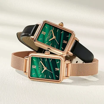 Винтажные зеленые квадратные часы, роскошные женские кварцевые часы, фирменный циферблат, простое розовое золото, кожаный стальной ремешок, наручные часы