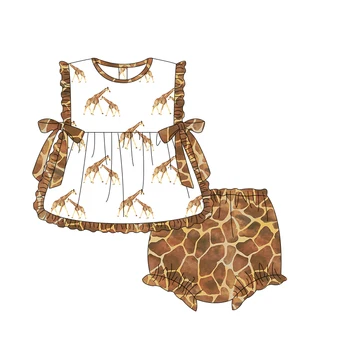 Новая детская одежда, Летние наряды для маленьких девочек с рисунком жирафа и бантом, Комплекты шорт без рукавов с оборками