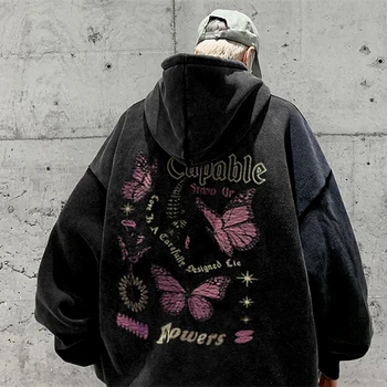 Винтажная толстовка с рисунком бабочки в темном готическом стиле, Мужская Утепленная Зимняя одежда Оверсайз, Уличная одежда в стиле хип-хоп, Топы Y2K, Пары в стиле Харадзюку,