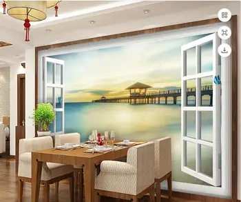 фото обоев 3d настенная роспись на заказ Окно Приморский Деревянный мост Пейзаж гостиная домашний декор обои для стен 3D спальня