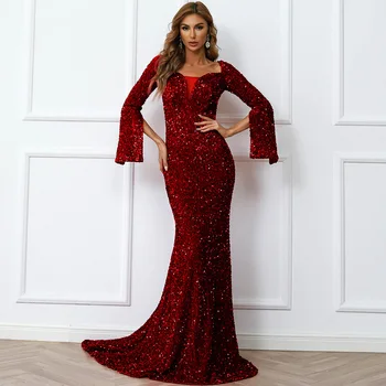 Женское весеннее сексуальное платье Макси с V-образным вырезом и длинным рукавом, расшитое блестками, знаменитость, длинное вечернее платье для вечеринки, красное