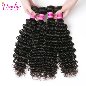 Vanlov Малазийские пучки человеческих волос с глубокой волной, наращивание волос Remy, натуральный черный и угольно-черный 100 г/шт, машинный двойной уток