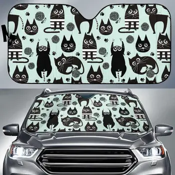 Автоматический солнцезащитный козырек с рисунком черного котенка и кошки на лобовом стекле автомобиля