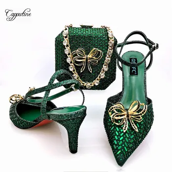 Комплект обуви и сумки Green Woman Stones в тон модным туфлям-лодочкам с сумочкой-клатчем Женские босоножки кошелек Escarpins Femme QSL068