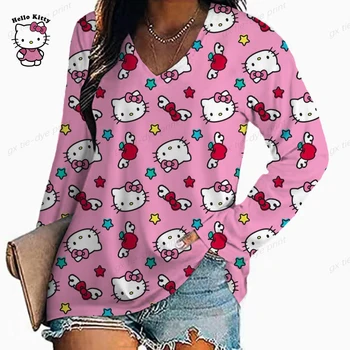 Женские футболки размера оверсайз 4XL, Весна 2023, Новые повседневные Свободные топы большого размера с длинным рукавом, женская футболка с 3D принтом Hello Kitty