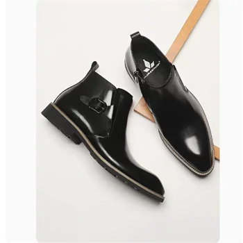 Мужские кожаные ботинки, остроносые деловые ботинки, кожаные туфли с высоким берцем, мужские ботинки среднего размера