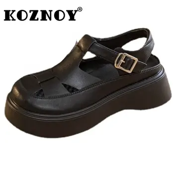 Кроссовки Koznoy 5 см из натуральной кожи на платформе и танкетке, удобные женские сандалии, летняя модная женская обувь с пряжкой