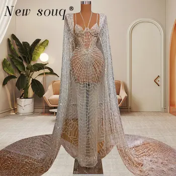 Дубай, иллюзия блеска, Длинные вечерние платья с пайетками Русалки с накидкой, Турецкие мусульманские Сексуальные платья, женская одежда для свадебной вечеринки 2023