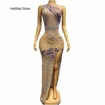 Сексуальное платье для выступлений с разрезом на плечах, сверкающее бриллиантами, Оригинальное эксклюзивное платье для выступлений Whirlpool Fu