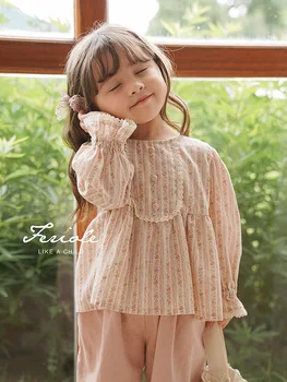 Детская одежда Рубашка в стиле корта для девочек 2023 Весенняя одежда Новая детская французская детская рубашка Брюки в цветочек для девочек