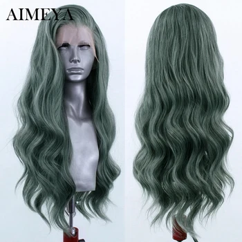 Темно-зеленые синтетические кружевные парики AIMEYA для чернокожих женщин, синтетический парик с естественной волной, парик с кружевами спереди, высокотемпературные парики для косплея