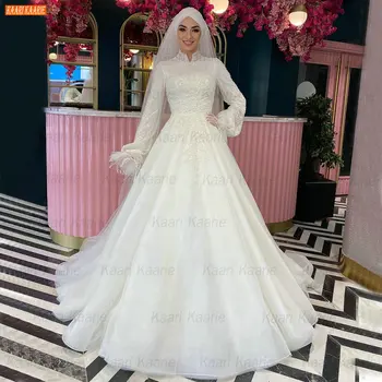 Мусульманское Белое Свадебное Платье С Высоким Воротом 2022 Vestido De Noiva С Длинными Рукавами Abito Da Sposa, Расшитое Бисером И Перьями, Свадебные Платья