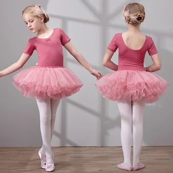 Танцевальное платье с коротким рукавом для девочек, Хлопковая балетная одежда с фатином, Балетное платье для малышей, Детское платье-пачка, Детские танцевальные юбки