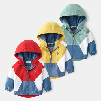 2023 Весенние детские куртки для мальчиков с капюшоном в стиле пэчворк, верхняя одежда для мальчиков, ветровка, осенние повседневные детские пальто, одежда от 2 до 6 лет