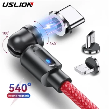 USLION 540 Вращающийся Магнитный Кабель USB Type C Кабель Для Быстрой Зарядки iPhone 11 12 Xiaomi Magnet Charge Micro USB Кабель Телефонный Шнур