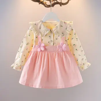 Детская одежда, детский кукольный воротник, Лоскутная пуговица, повседневные платья трапециевидной формы для девочек, весна-осень, поддельные Платья-двойки с длинными рукавами