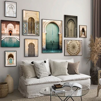 Марокканская дверь, Арабские Декоративные картины, архитектура, плакаты на холсте, исламские настенные Художественные картины, принты для гостиной, домашний декор