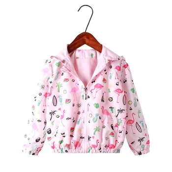 Одежда для маленьких девочек, весна-осень, куртки на молнии с капюшоном с принтом фламинго, Весна-осень, детская верхняя одежда, пальто для девочек, ветровка