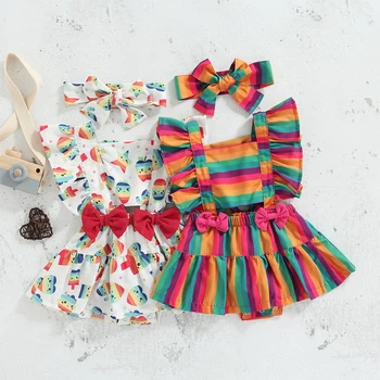FOCUSNORM 0-24 м, милое платье-ползунки для маленьких девочек, 2 стиля, с оборками, с рукавами-фонариками, комбинезоны с радужным бантом и рисунком, повязка на голову