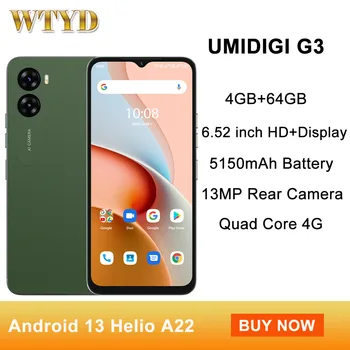 Смартфон UMIDIGI G3 4 ГБ + 64 ГБ Аккумулятор 5150 мАч 6,52 дюймов Android 13 Helio A22 Четырехъядерный 4G OTG Мобильный Телефон с двумя SIM-картами