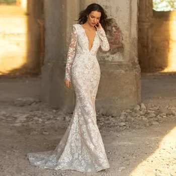 Роскошное свадебное платье с кружевом Русалки 2023, свадебное платье с длинными рукавами, глубокий V-образный вырез, шлейф, замочная скважина на спине, Женская официальная одежда для вечеринок