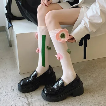 JK носки для телят с объемным крючком-тюльпаном, дизайнерские модные носки до колена, весна-лето, красивые ноги, хлопковые носки