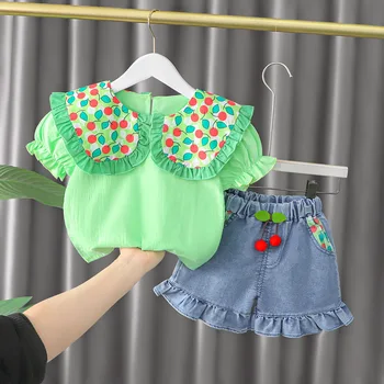 Летний костюм для маленьких девочек 2022 года, новый модный детский комплект из двух предметов с вишневыми короткими рукавами для маленьких девочек, одежда для маленьких девочек