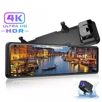 4K Dash Camera 12-Дюймовое Потоковое Мультимедийное Зеркало Заднего Вида 2160P Ultra HD Автомобильный Видеорегистратор С Двойным Объективом И Видеомагнитофоном GPS IMX415