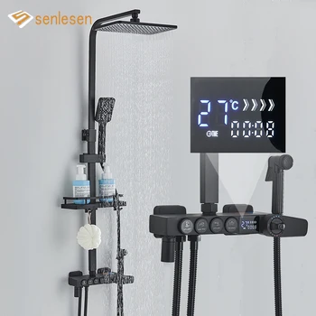 Senlesen Матово-черный Термостатический смеситель для душа с ЖК-цифровым дисплеем, смеситель для ванны с дождевой насадкой и набором душевой системы для ванной комнаты