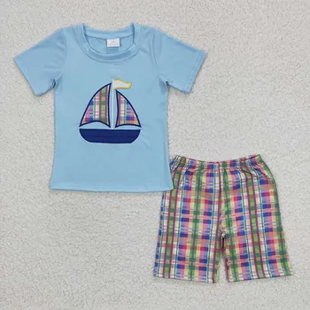 Оптовый комплект для мальчика с синей вышивкой Детская летняя хлопчатобумажная рубашка с коротким рукавом Футболка для малышей клетчатые шорты Детская одежда для младенцев