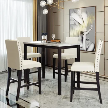Обеденный стол высотой со столешницу из искусственного мрамора, современный, с соответствующими стульями и мраморным шпоном для дома, бежевый