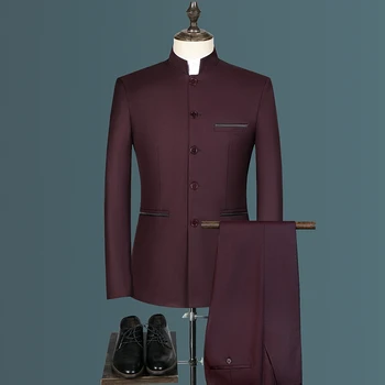 Мужской костюм-двойка с воротником-стойкой в китайском стиле Slim Fit /мужской блейзер Zhong Shan, куртка, пальто, брюки, 2 шт