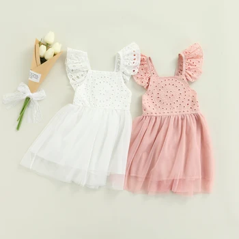 Кружевное платье-пачка для новорожденных Девочек, Однотонное Платье с V-образным вырезом и длинными рукавами в стиле пэчворк из 100% хлопка (белое, розовое) от 1 до 5 лет