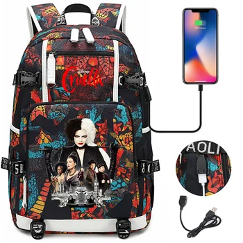 Рюкзак Круэлла де Виль из фильма Диснея для женщин и мужчин, сумка для ноутбука большой емкости, водонепроницаемый Многофункциональный повседневный рюкзак с USB-зарядкой,