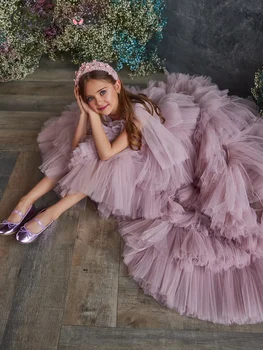 Платье с цветочным узором для девочек, пышные многослойные платья принцессы с длинным хвостом для первого причастия, свадебная танцевальная вечеринка, подарок-сюрприз для детей мечты