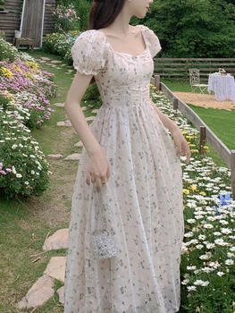 Винтажное Сказочное платье Миди с пышными рукавами, Женское Милое Элегантное платье с цветочным рисунком в корейском стиле, женские Летние повседневные платья для вечеринок 2023 года, Шикарные