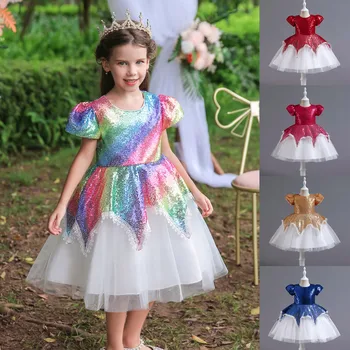 Для маленьких девочек Весенне-летнее хлопковое платье принцессы с коротким рукавом и блестками в цветочек, праздничные платья для маленьких девочек
