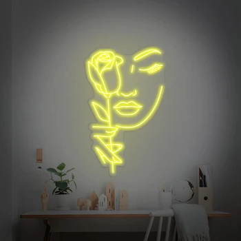 Неоновая вывеска с изображением лица с питанием от USB для декора комнаты, неоновая подсветка с цветочным рисунком, ночник с регулируемой яркостью для комнаты девочек, настенное искусство в пещере для мужчин
