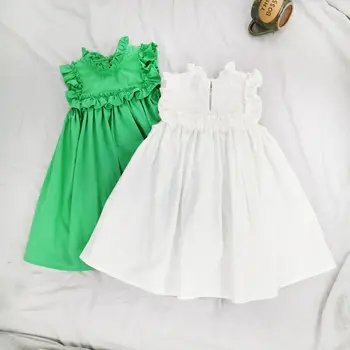 5777C Корейское детское платье 2023 Летнее Новое Однотонное Модное платье для девочек с деревянными ушками, платье принцессы-куклы без рукавов