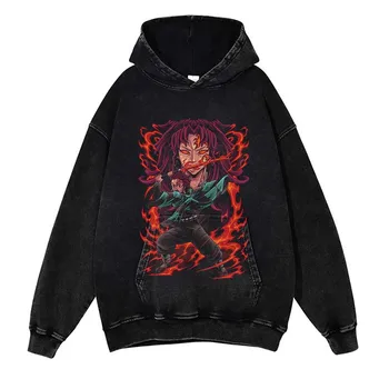 Хлопковая выстиранная винтажная толстовка с капюшоном, мужская толстовка с капюшоном Harajuku, толстовка Demon Slayer, аниме, уличная одежда в стиле хип-хоп, пуловер